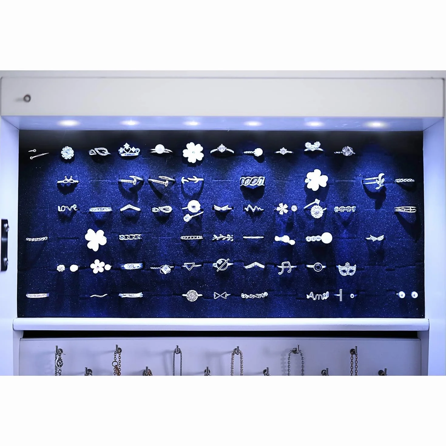 SONGMICS Armoire à Bijoux avec Miroir sur Pieds, Lumières LED 3 Couleurs, Intensité Réglable, Blanc JJC012W01
