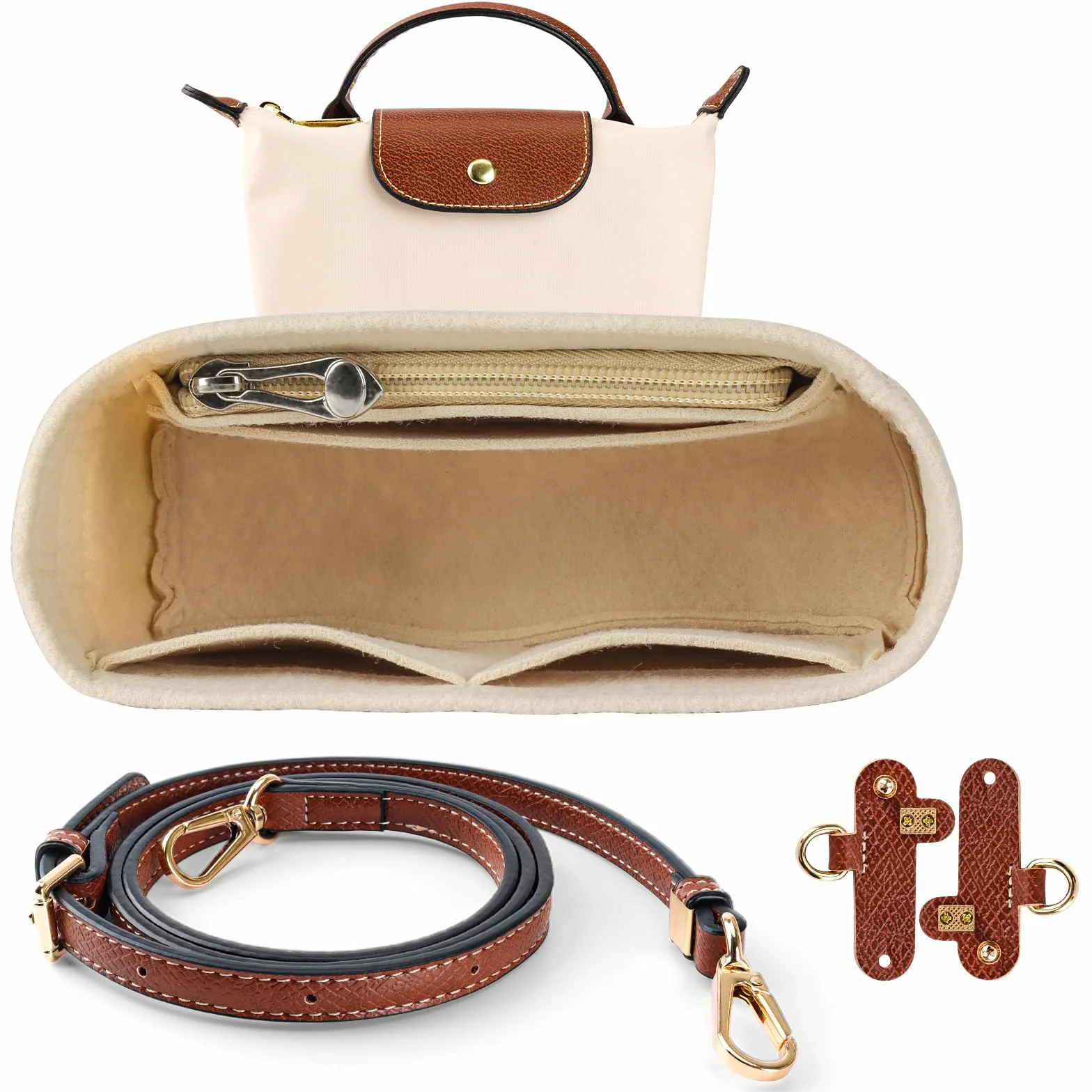 Marron Beige Bandoulière Organisateur Sac Longchamp Mini Femme Réglable Cuir Feutre Poches Multiples