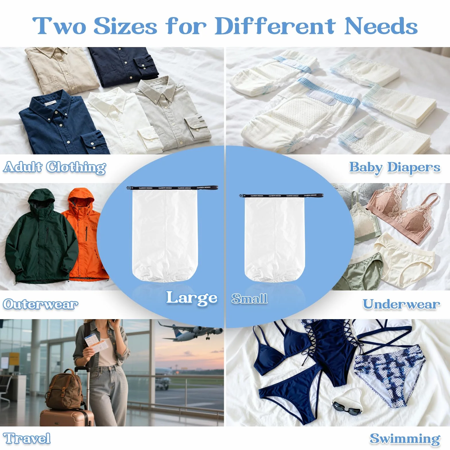 Lot de 2 sacs à linge de voyage étanches pliables avec poignées