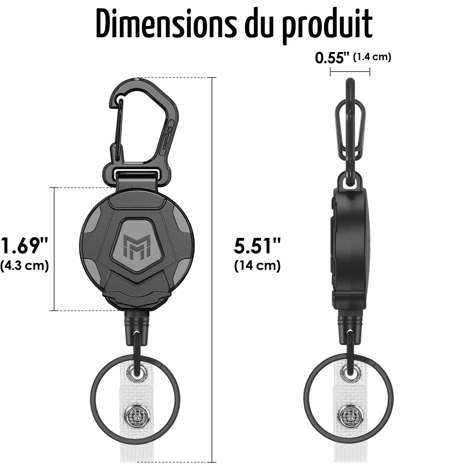 Lot de 2 porte-clés rétractables avec cordon en acier 31 pouces, porte-badge mousqueton robuste