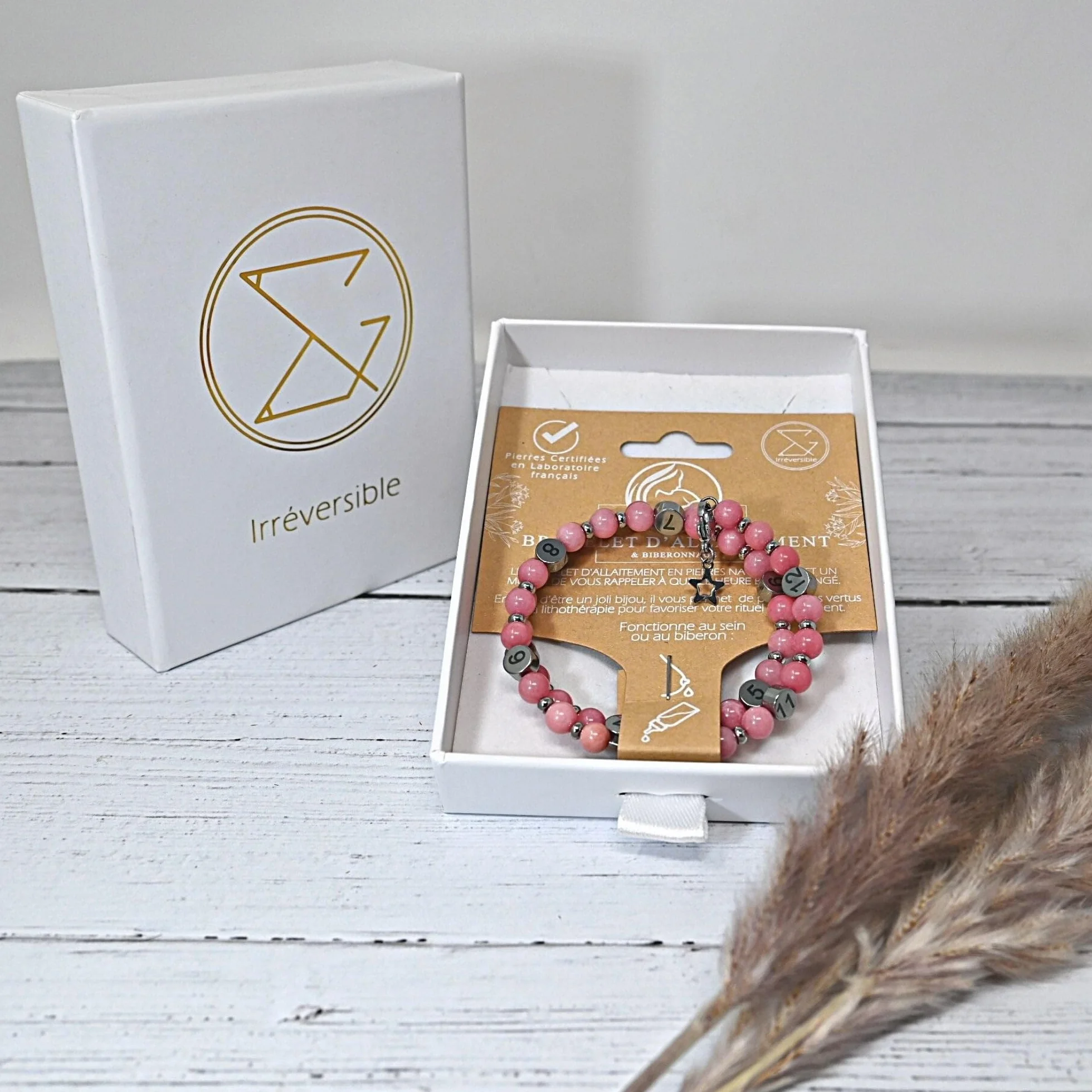 Bracelet d'Allaitement en Quartz Rose avec Suivi Précis Heures Tétées - Ajustable