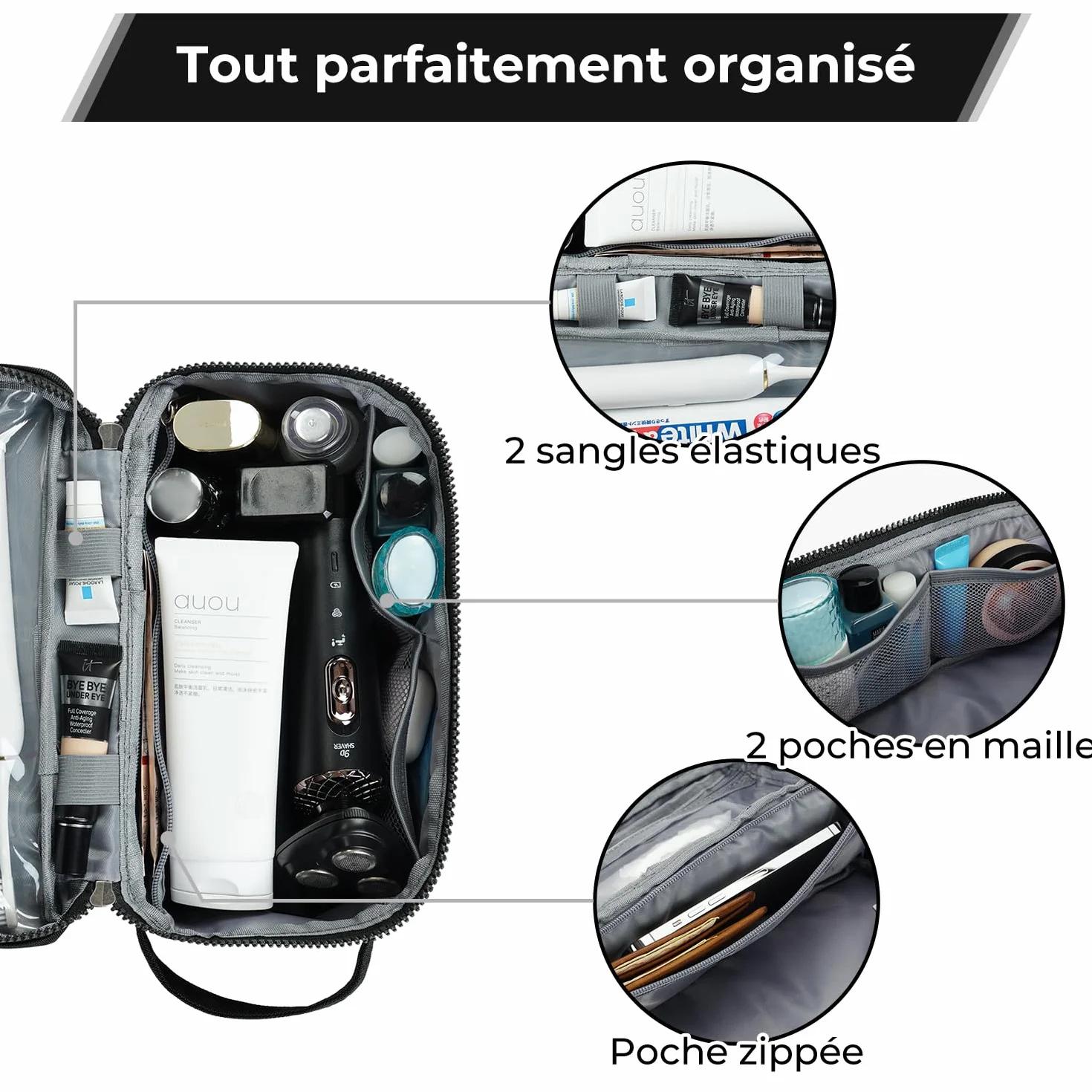 ECOHUB Trousse de Toilette Homme Femme Sac de Rasage Imperméable avec Poches Humides et Sèches pour Rangement Cosmétiques, Noir