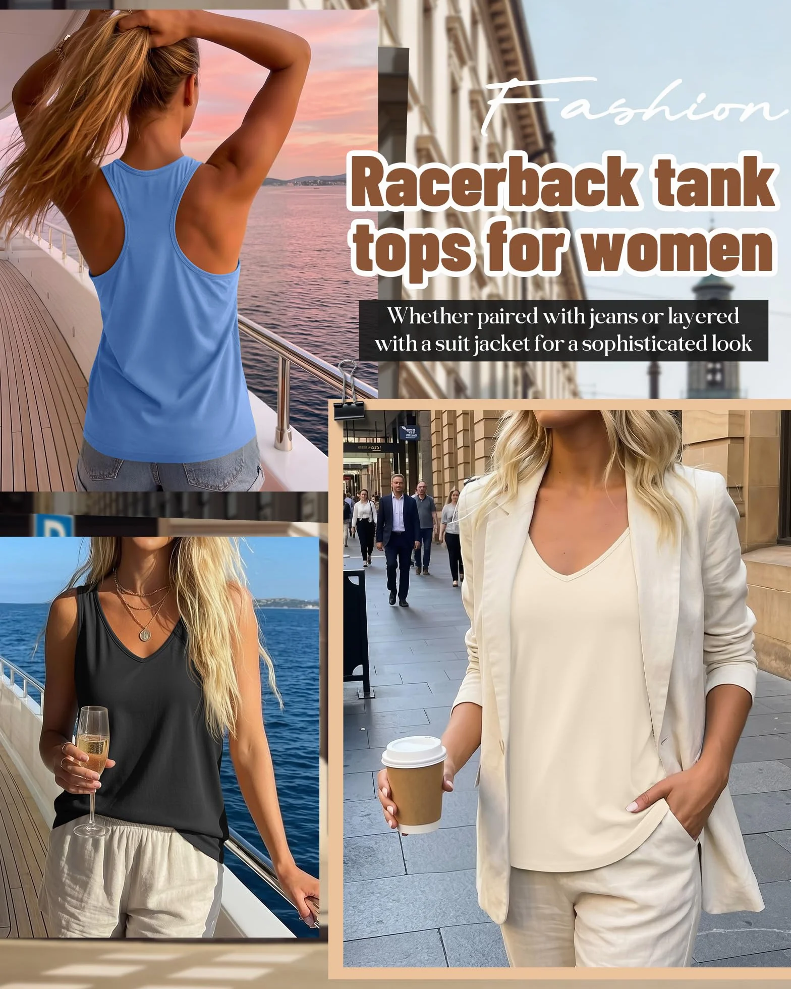 Lot de 3 Débardeurs pour Femme Col en V Dos Nageur Coupe Ample sans Manches Été