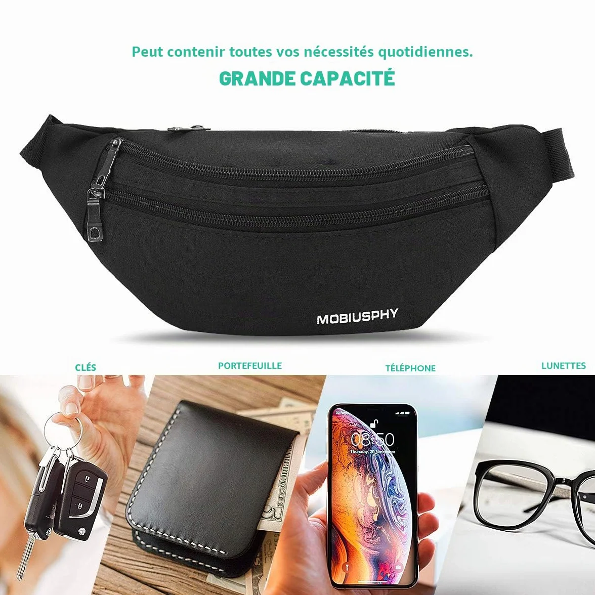 Sac à la Taille Ceinture de Course Homme Femme Sacoche Banane Etanche Réglable Cyclisme Gym Jogging Noir