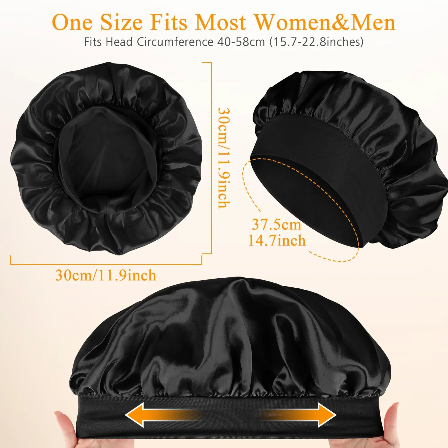 Bonnet Satin Cheveux Nuit Ajustable Élastique Femme Soin Cheveux Bouclés Noir