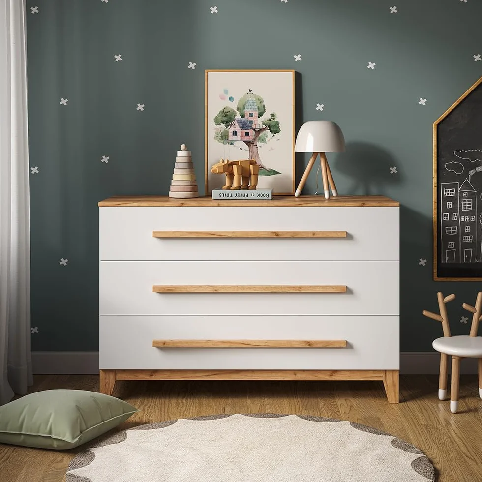 VitaliSpa Table à Langer Malia Blanc Artisan 133.2x98cm 3 tiroirs Plan à Langer Amovible Commode