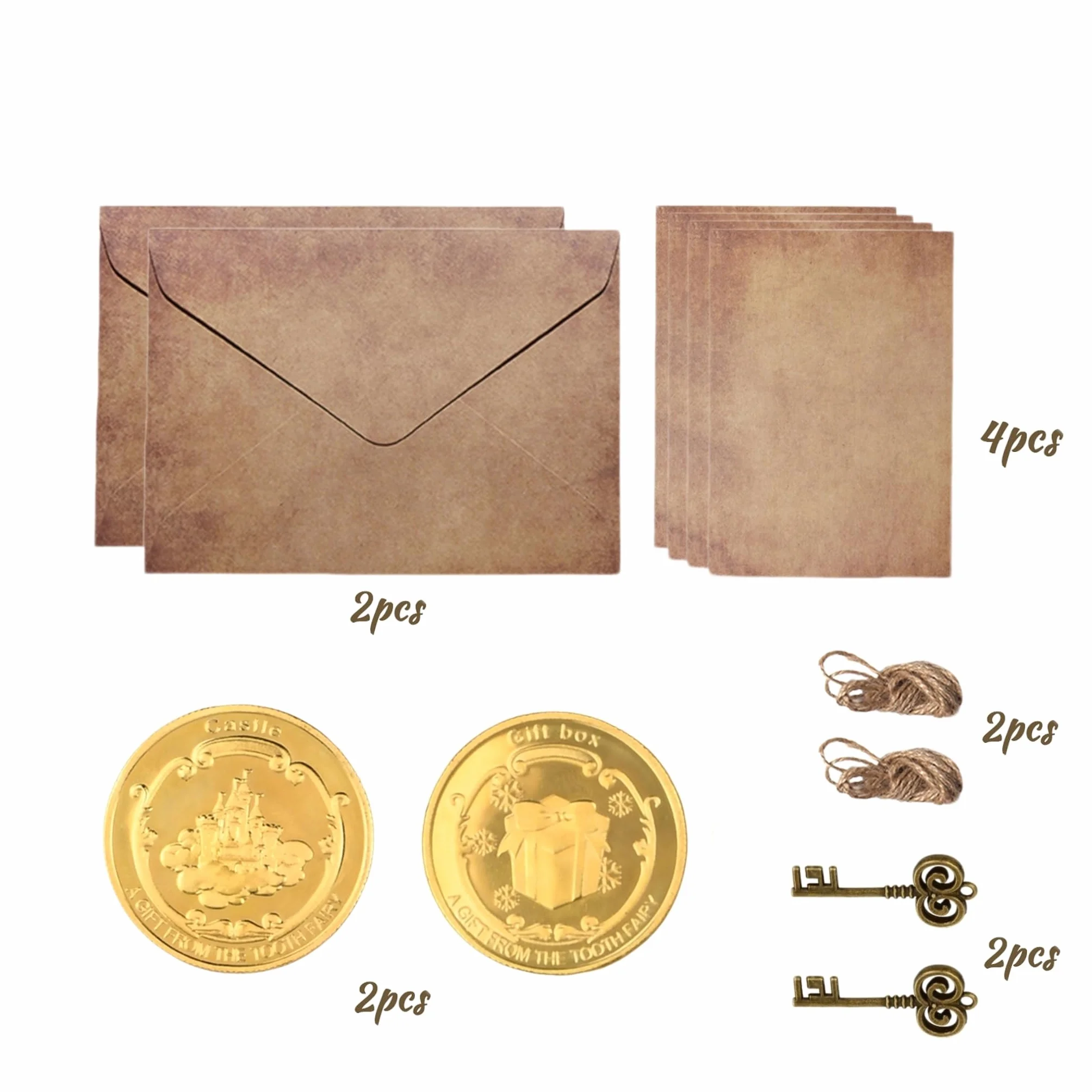 Pièce de Fée des Dents 2 Pièces Or Commémorative avec Enveloppe Papier Cuir et Papier à Lettres