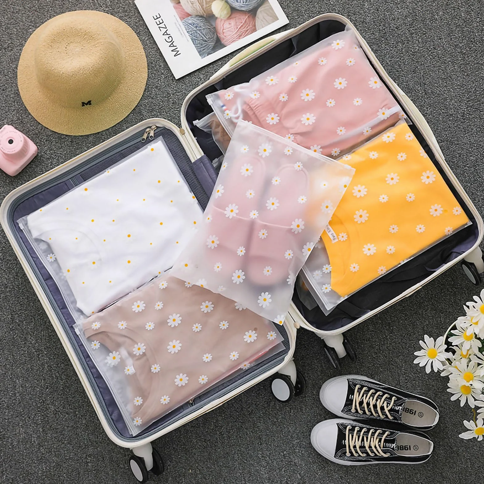 KEYRI 20 Pièces Sac Zipper Voyage Pochette Étanche Transparent Rangement Vêtements Plastique Costume Chaussures Cosmétique Floral