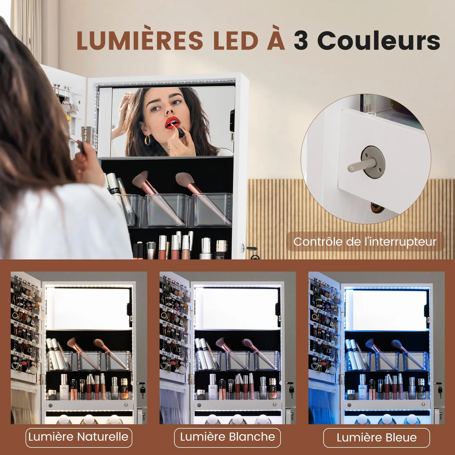 COSTWAY Armoire à Bijoux sur Pied avec Miroir Pleine Longueur, LED 3 Couleurs, Verrouillable, Blanc