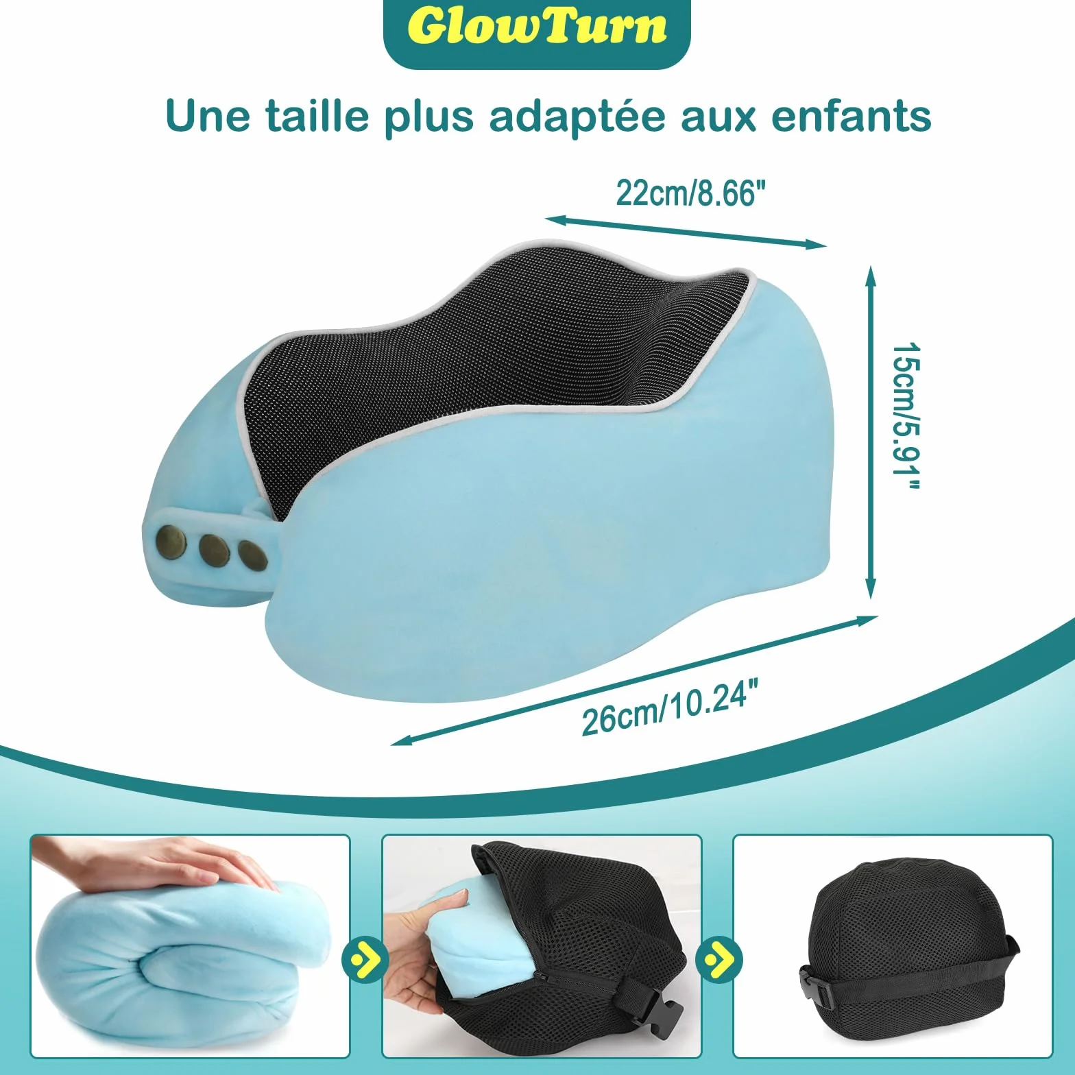 Coussin de Voyage Enfant Adulte Mousse à Mémoire 220 g Soutien 360° Réglable Pliable Avion Train Voiture Bleu