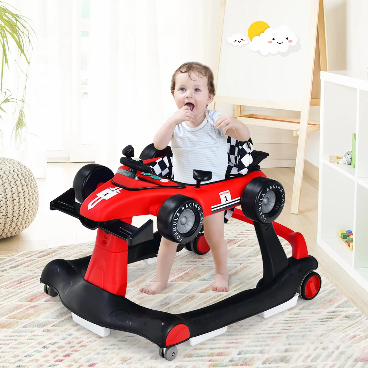 LIFEZEAL Trotteur Bébé 4 en 1 Pliable avec 3 Hauteurs Réglables, Marcheur Musical, 6-18 Mois, 15 kg, Rouge