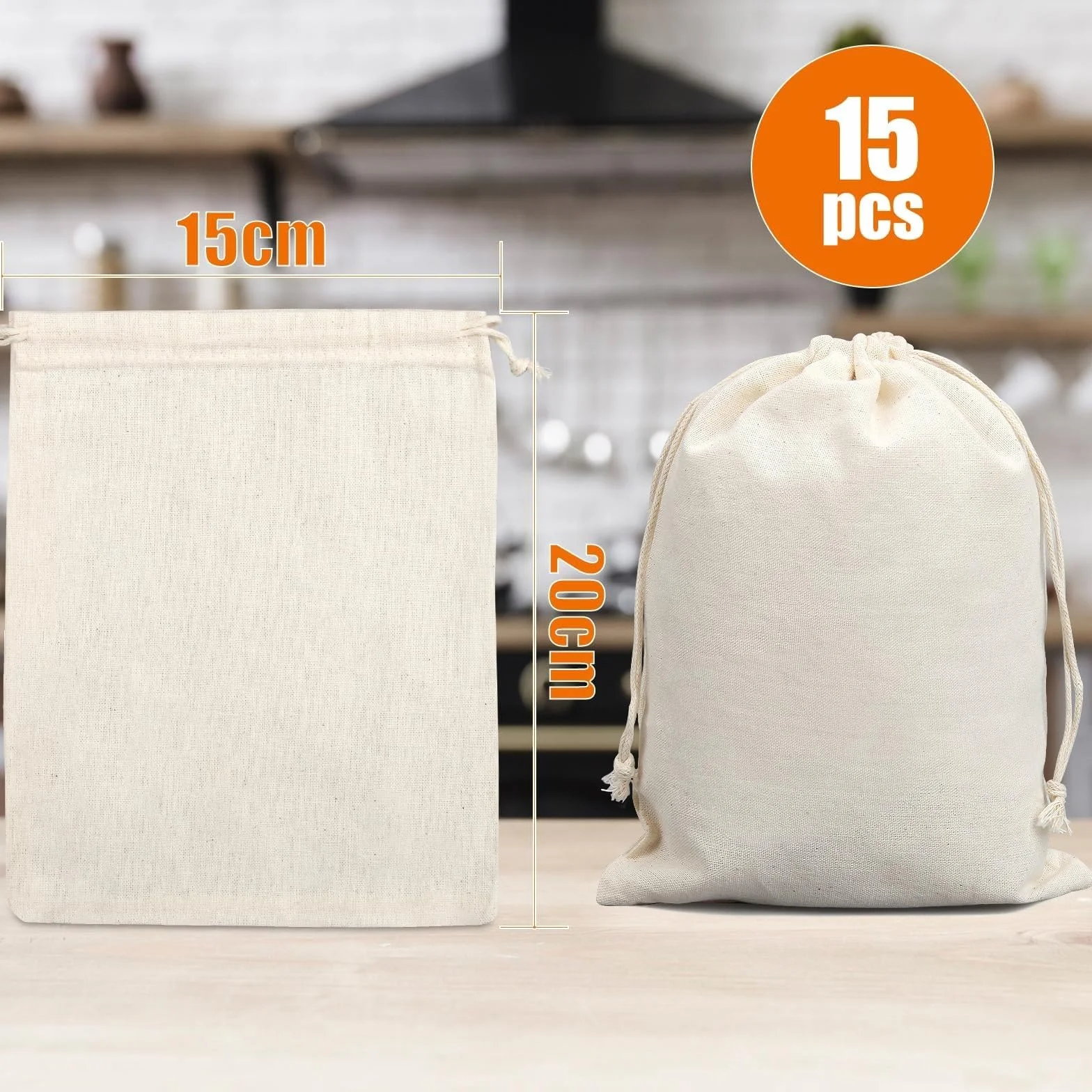Pochon Tissu Coton 20x15cm 15 Pièces Sacs en Lin avec Cordon Reutilisable pour Cadeau DIY