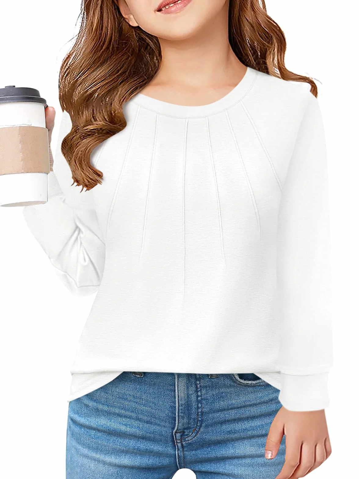 T-shirt à manches longues pour fille Col rond Couleur unie