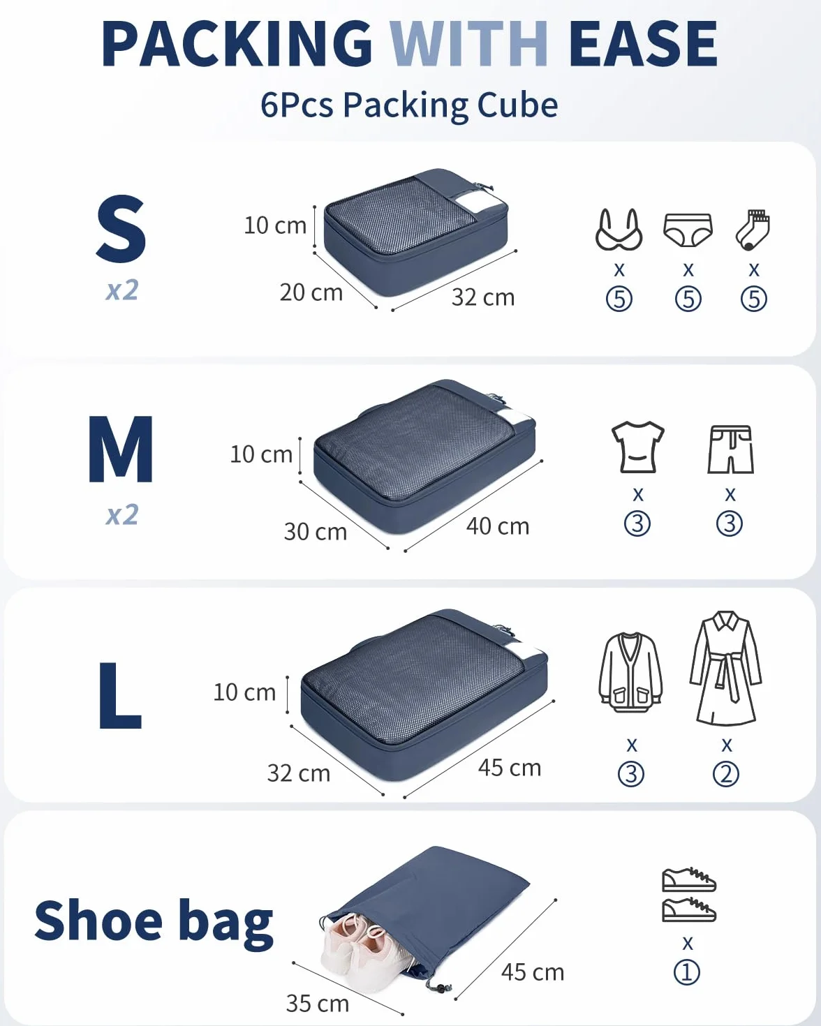 ECOHUB Organisateur Valise Packing Cubes 6 Pièces Sac Rangement avec Étiquette DIY, Bleu