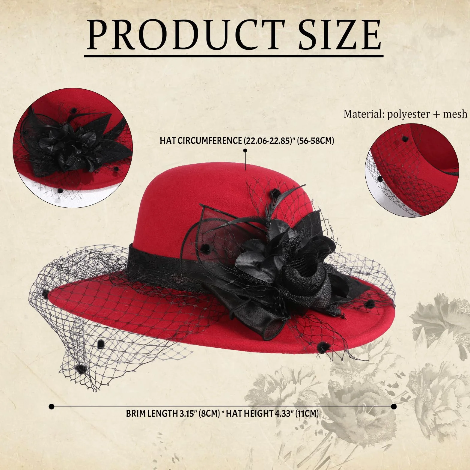 Cupimatch Chapeau Cloche Femme Vintage Felt Voilette Fleurs Rétro Années 20 Mariage Cérémonie