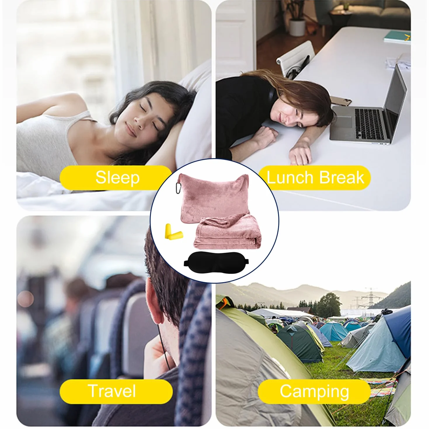 Bocguy Couverture de Voyage Avion 2 en 1 Ultra Légère avec Masque de Sommeil et Bouchons d'oreilles Rose