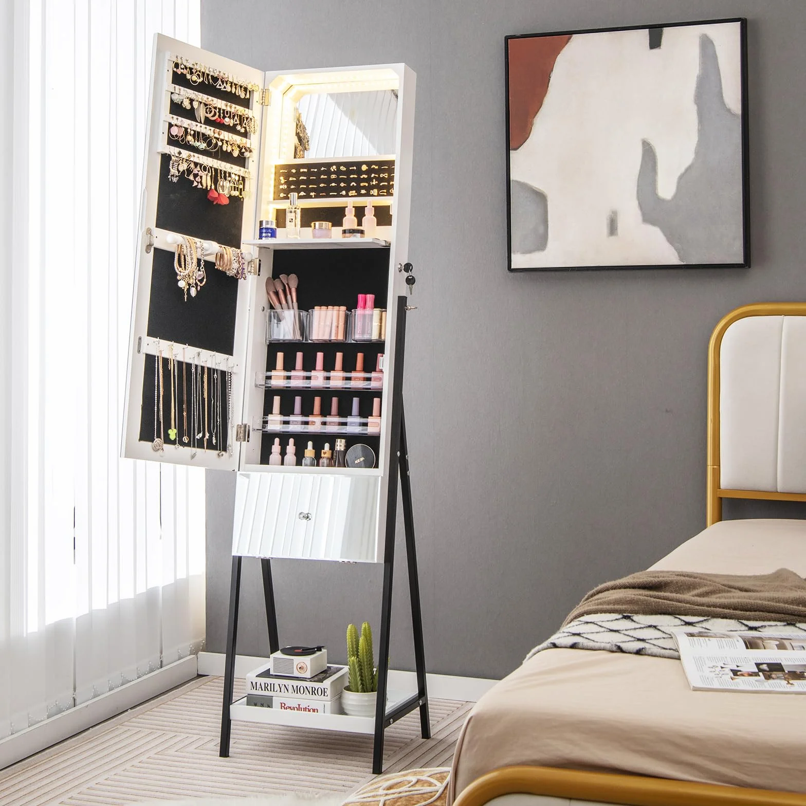 COSTWAY Armoire à Bijoux avec Miroir et Tiroir sur Pieds, Miroir Psyché HD sans Cadre, Verrouillable, Lumières LED 3 Couleurs, Blanc