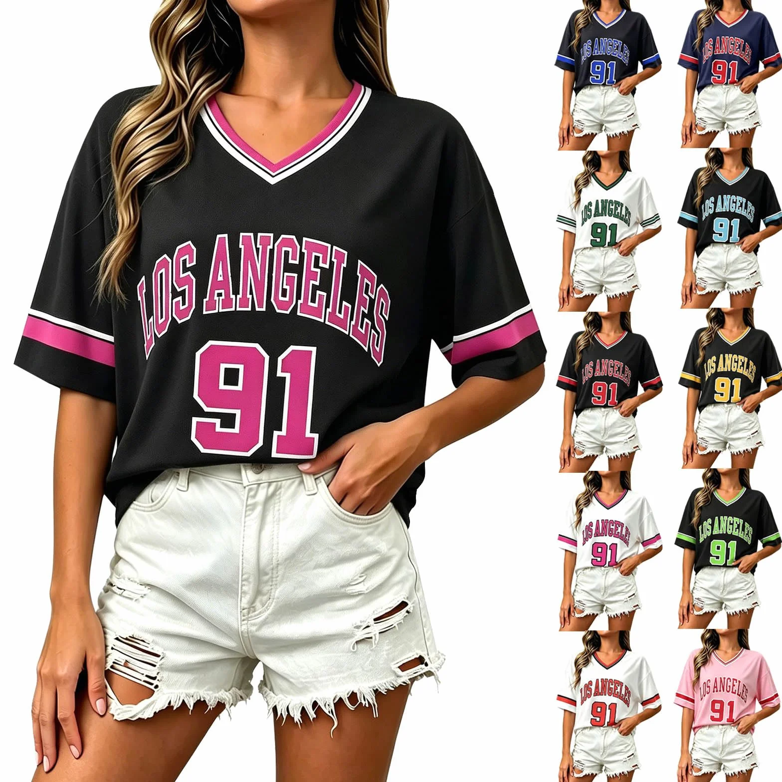 Los Angeles T-Shirt de Baseball surdimensionné pour Femme avec Bordure Graphique à Rayures Col en V Streetwear