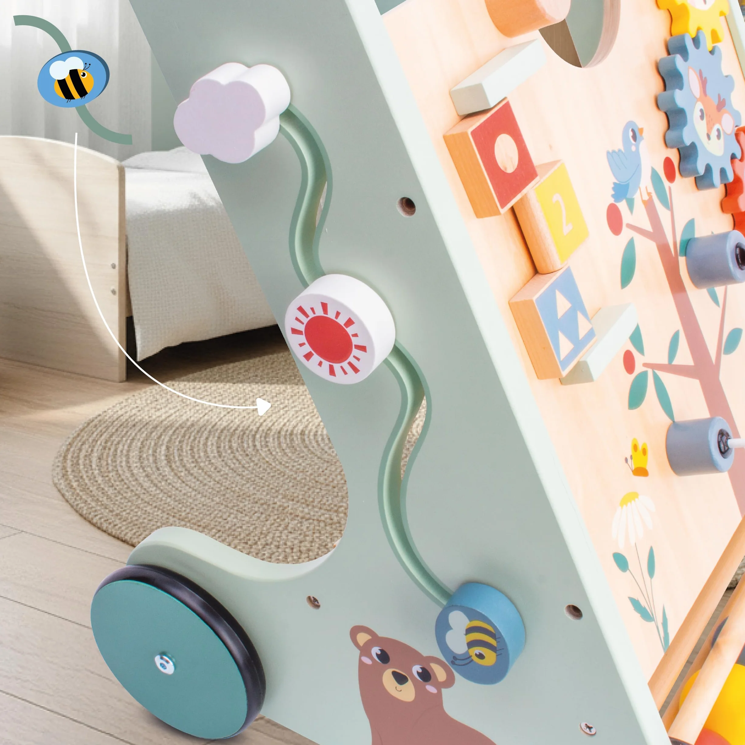 Trotteur bébé XXL en bois avec tableau d'activité, chariot de marche pour garçon et fille (Bleu)