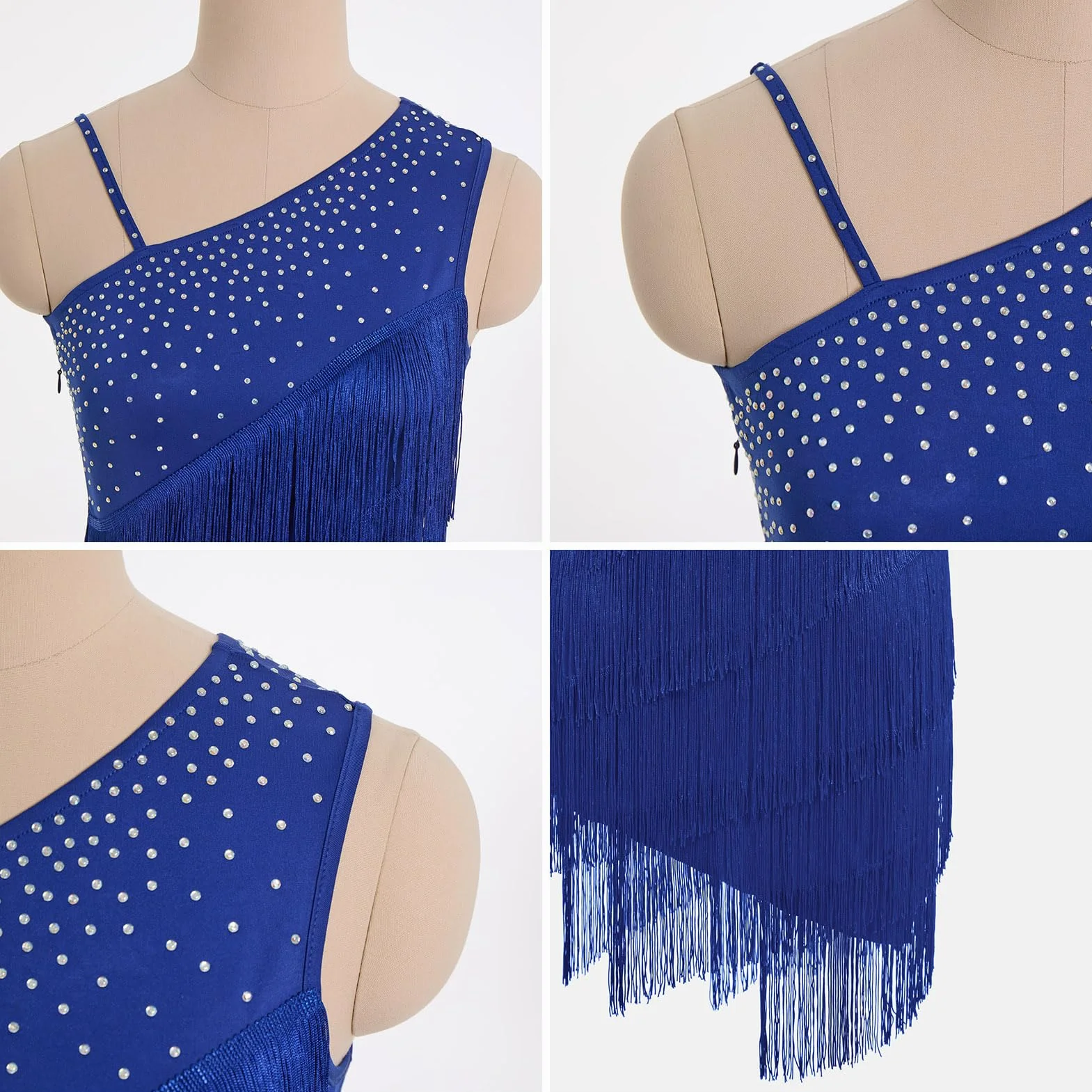 Robe asymétrique à une épaule en strass pour femme - Robe de danse latine années 1920 - Robe à paillettes Salsa Cha-Cha