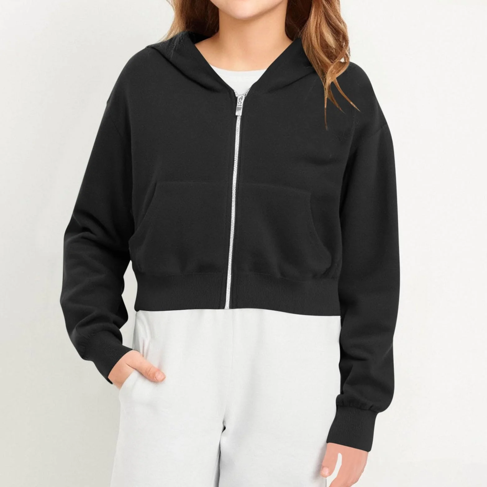 Sweat Court Fille à Capuche Zippée Veste Crop Top Sweatshirt Ado Manche Longue Hiver