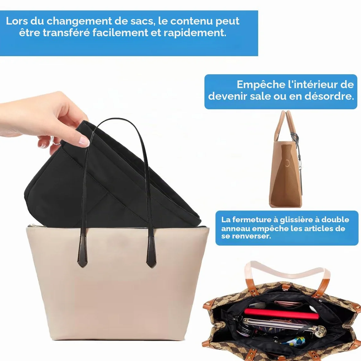 Organisateur de Sac à Main en Nylon 13 Compartiments Imperméable Fermeture à Glissière Noire M
