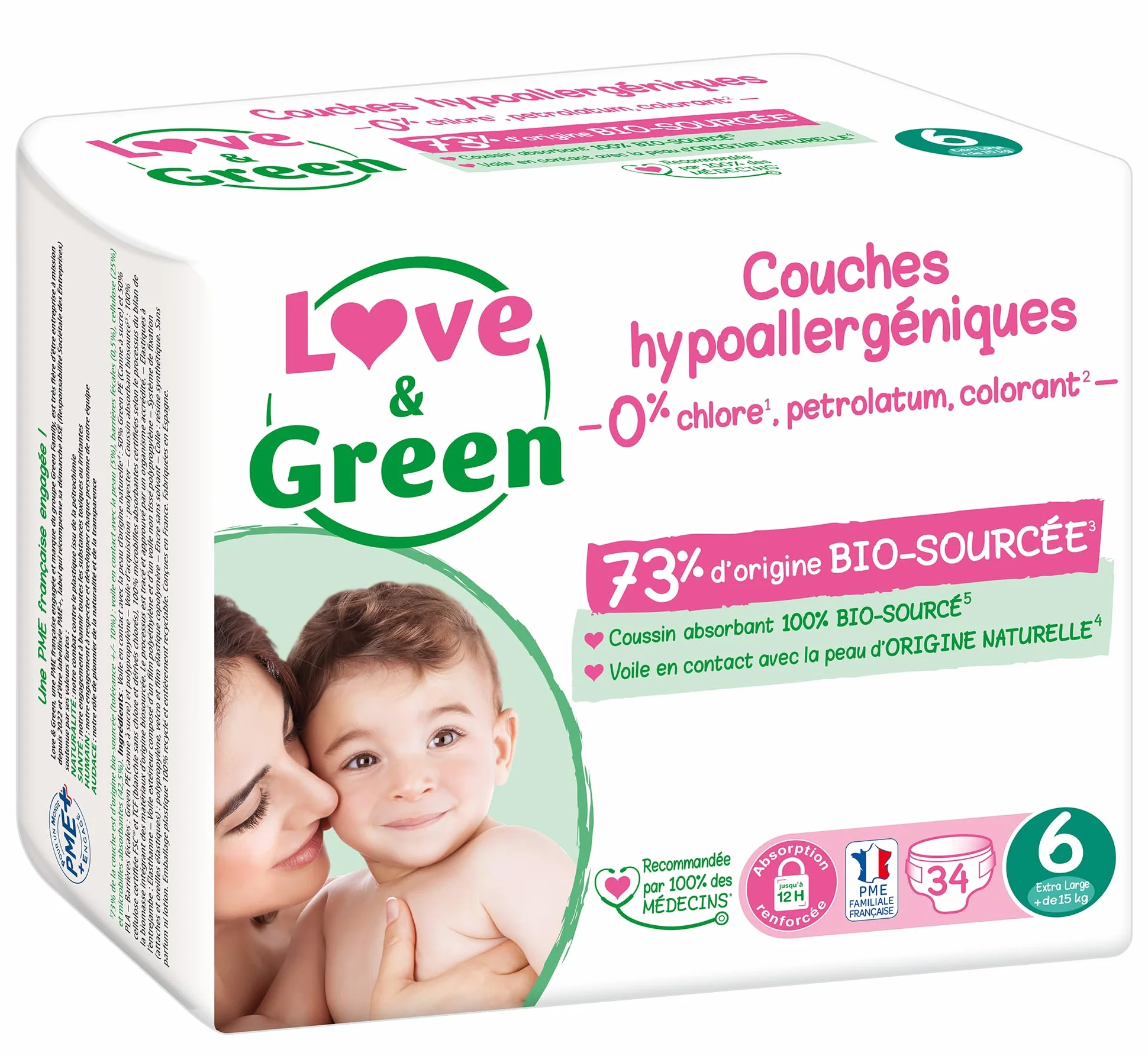 Love & Green Couches Bébé Taille 6 (15+ kg) 34 couches Absorbante anti-fuites