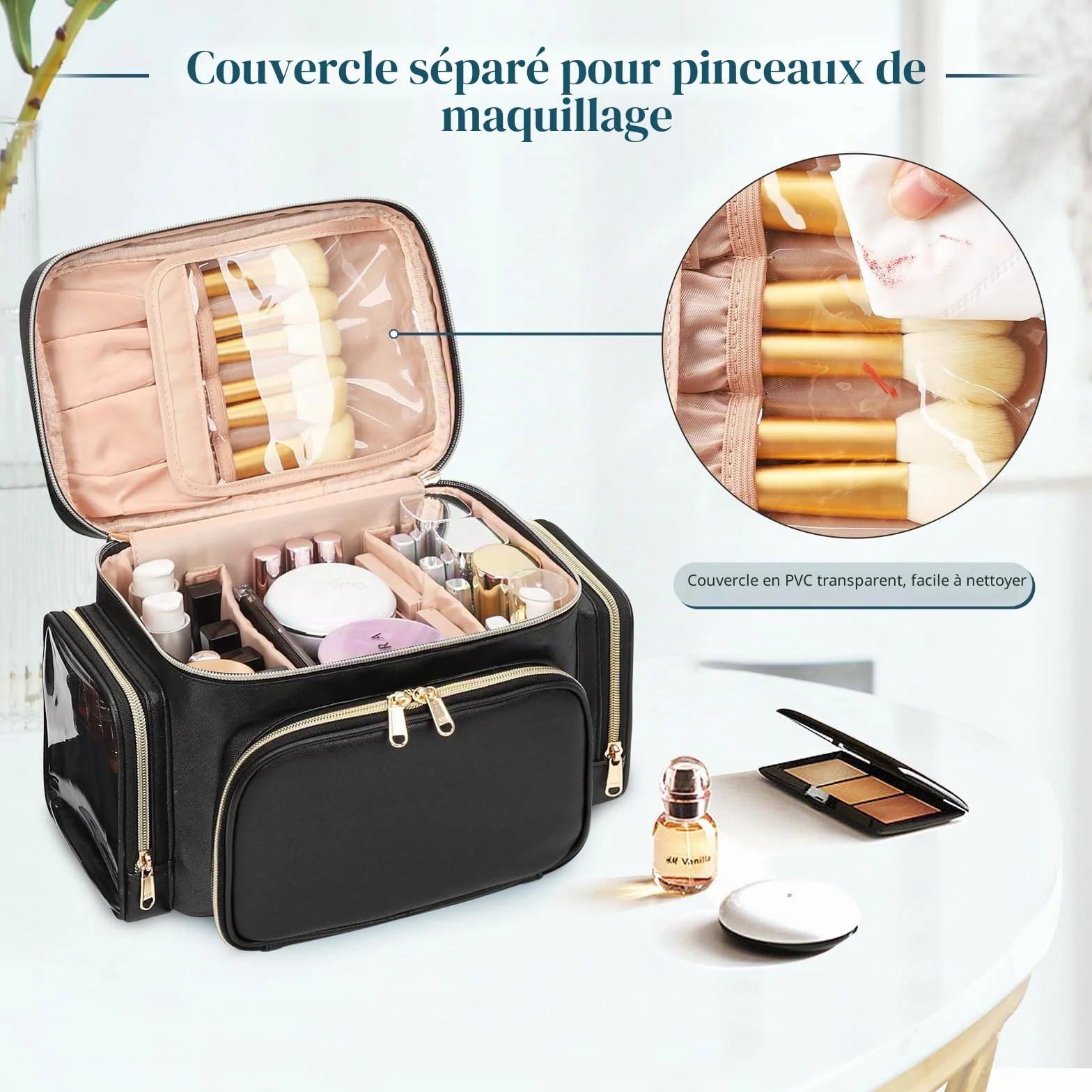 Pochette de maquillage pour femme avec support pour pinceaux, organisateur portable, Noir