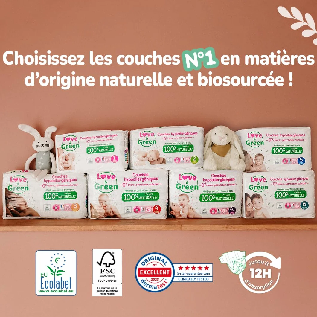 Love & Green Couches Bébé Taille 5 (11-25 Kg) Pack 1 Mois 160 Couches Absorbante Anti-fuites