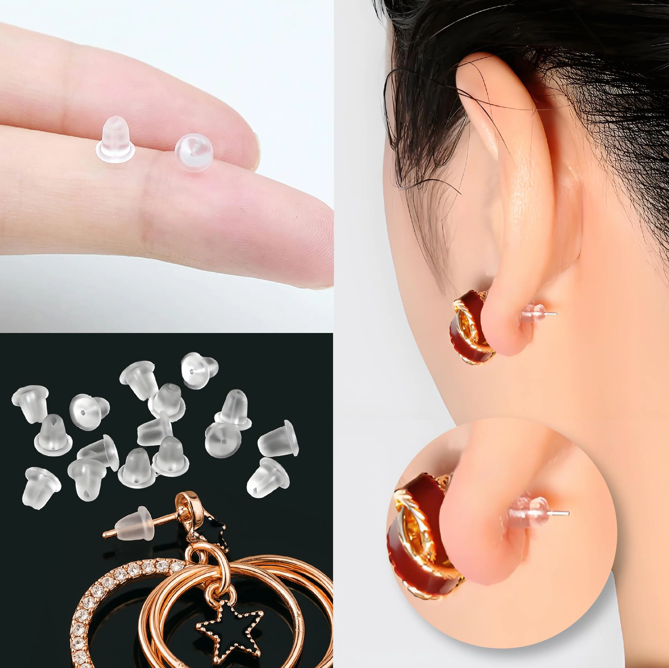 Fermetures à bille hypoallergéniques pour boucles d'oreilles en caoutchouc transparent, lot de 600 attaches de sécurité