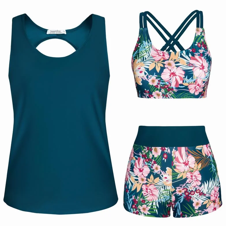 JASAMBAC Tankini Maillot de Bain Femme 3 Pièces Imprimé Floral Contrôle du Ventre