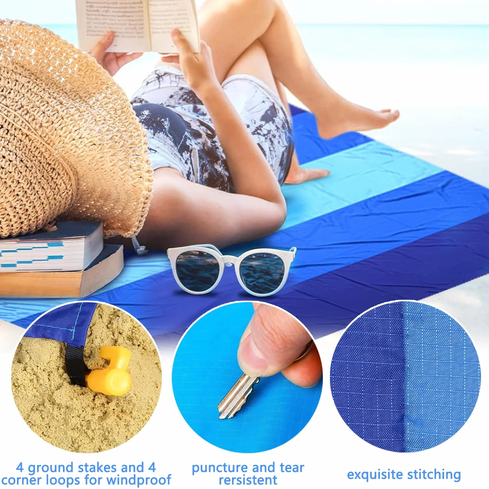 Couverture de plage imperméable 210 x 200 cm dégradé bleu coins fixes