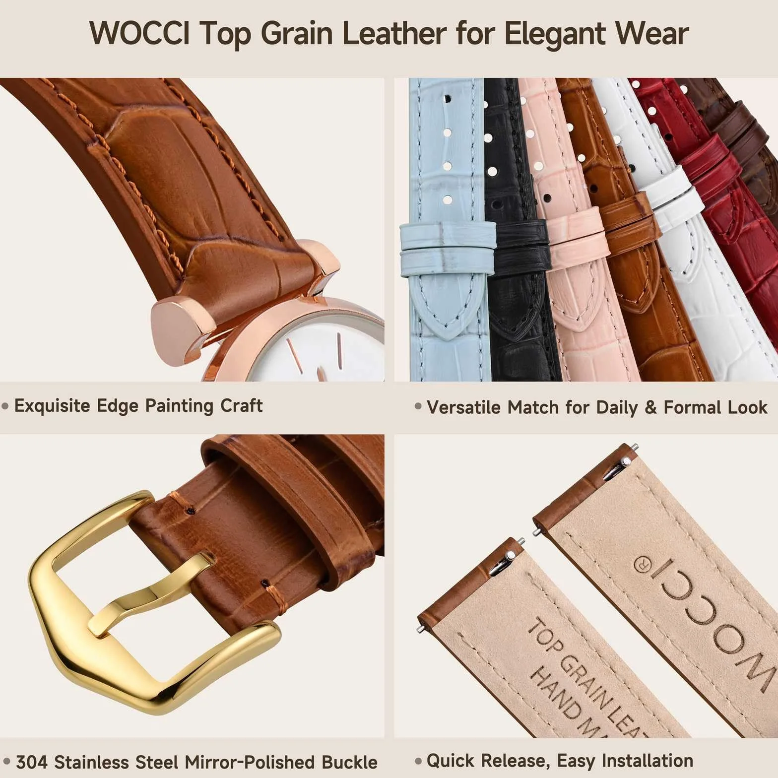 WOCCI Bracelet de Montre pour Femme en Cuir Gaufré Grain d'Alligator, 12mm-20mm