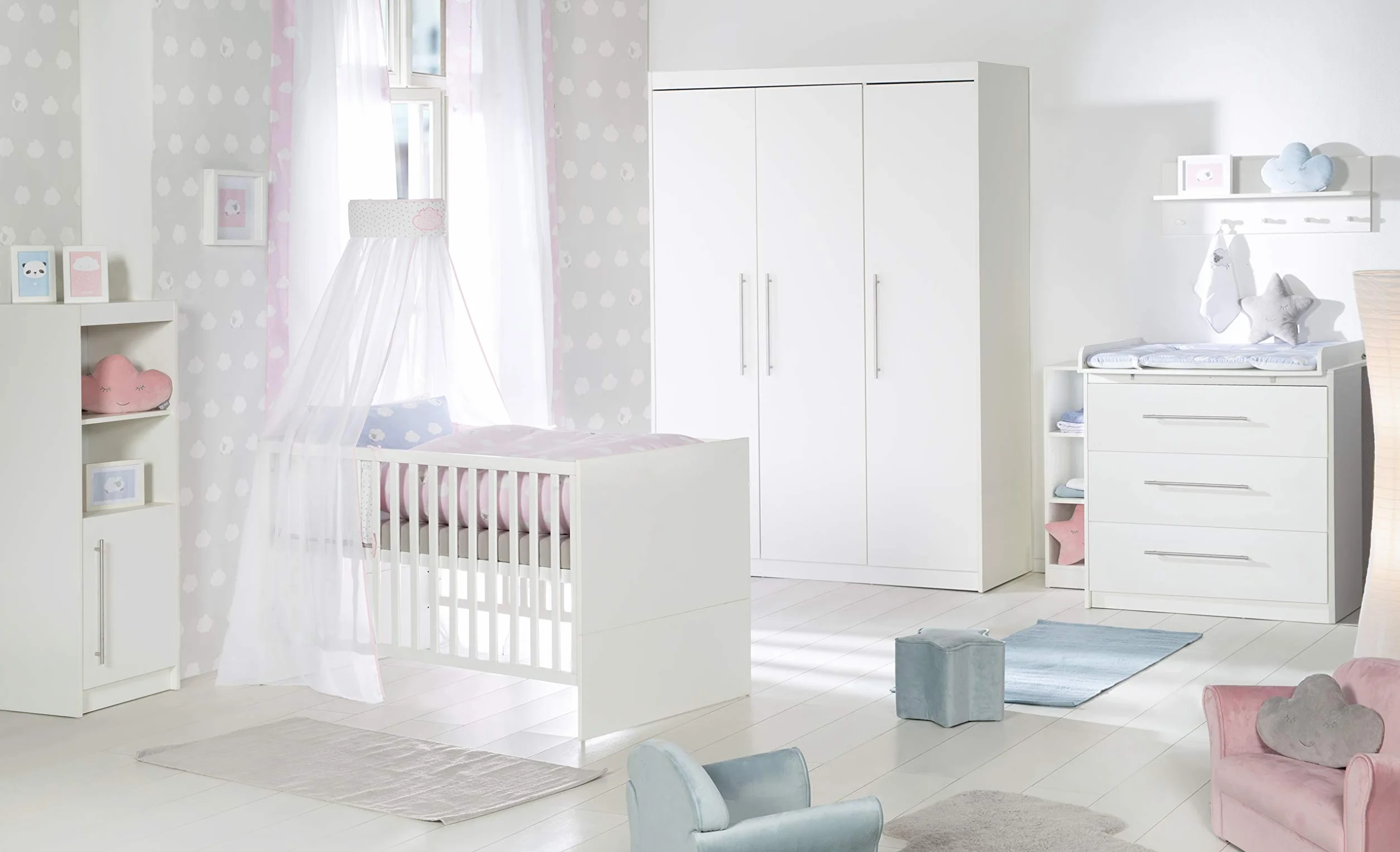 roba Armoire Enfant Maren 3 Portes Battantes Garde-Robe Bois Penderie 6 Étagères Blanc