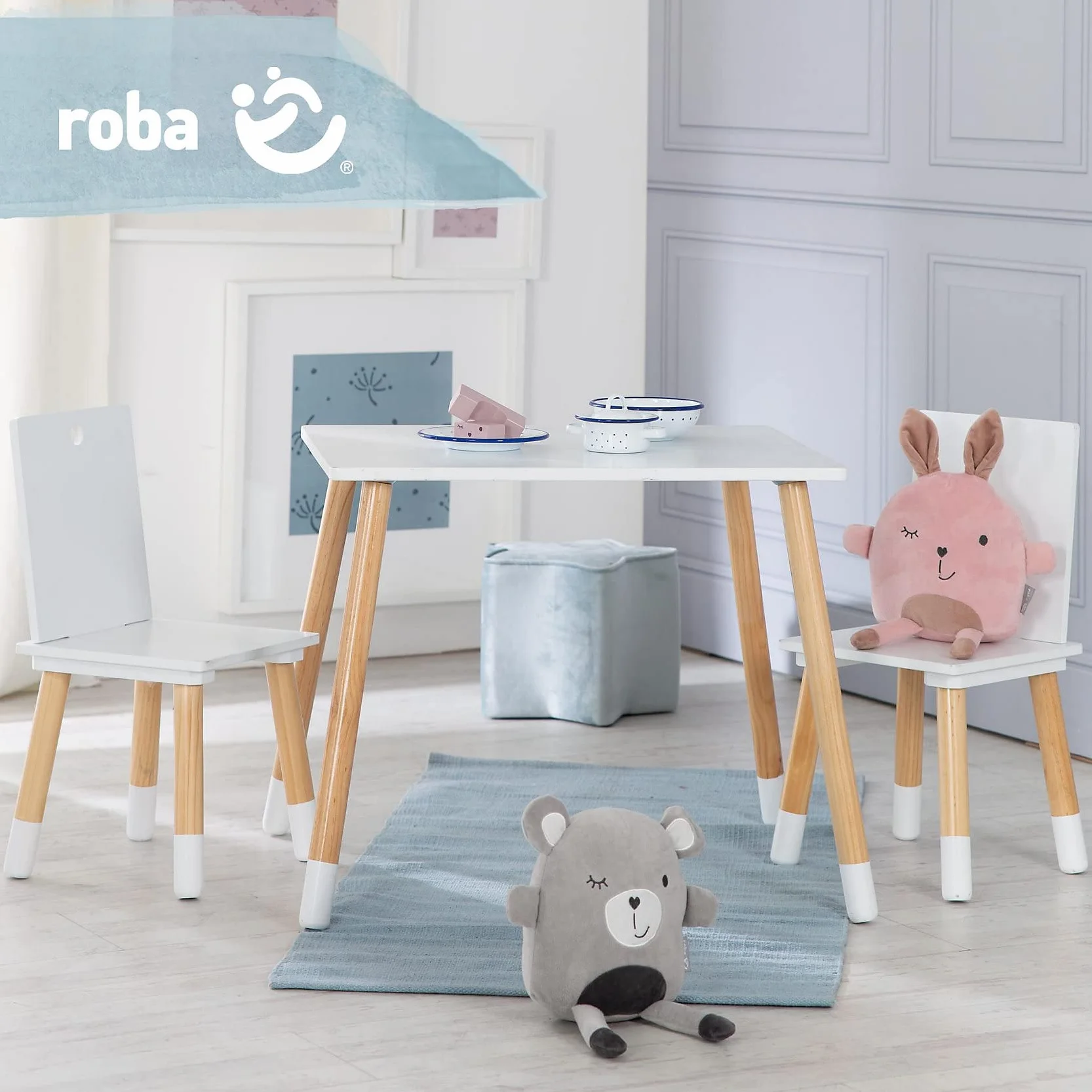 Ensemble Table et 2 Chaises Enfants Bois Massif 50 kg Style Scandinave Naturel Blanc