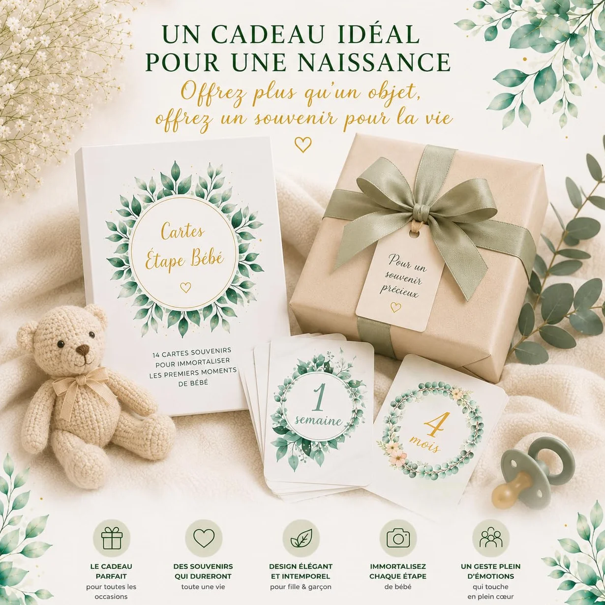 Cartes Étape Bébé Floral Vert – 14 Cartes Souvenir Mois par Mois – Cadeau Naissance Original