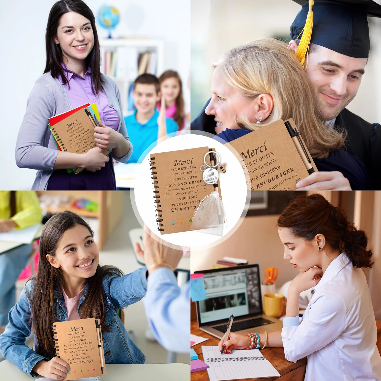 Cadeau Maîtresse d'École Original, Porte Clef Utile Professeur Retraite, Carnet Note Fin d'Année