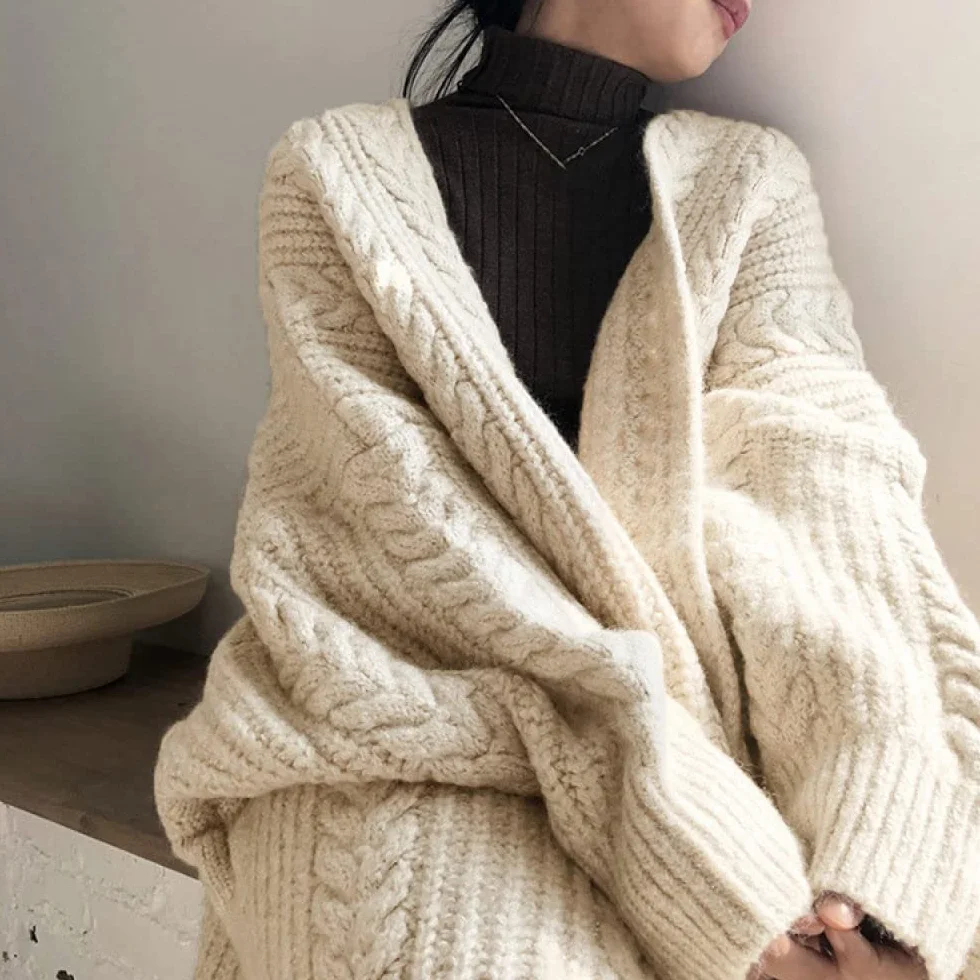 Cardigan Femme Vintage Beige Col V Lâche Manches Longues Pull Tricot Manteau Doux Chaud Mi-Long Taille Unique