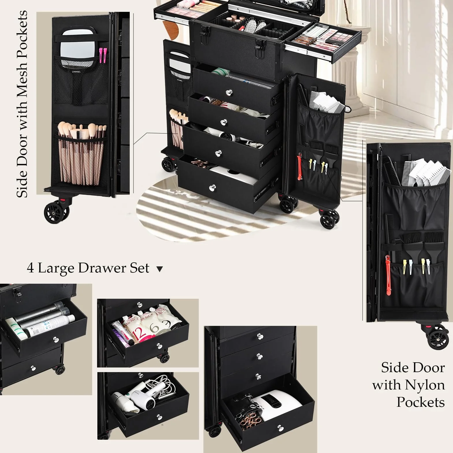 Valise de Maquillage Professionnel 6 Roues - Station Portable Trolley Noir Profond
