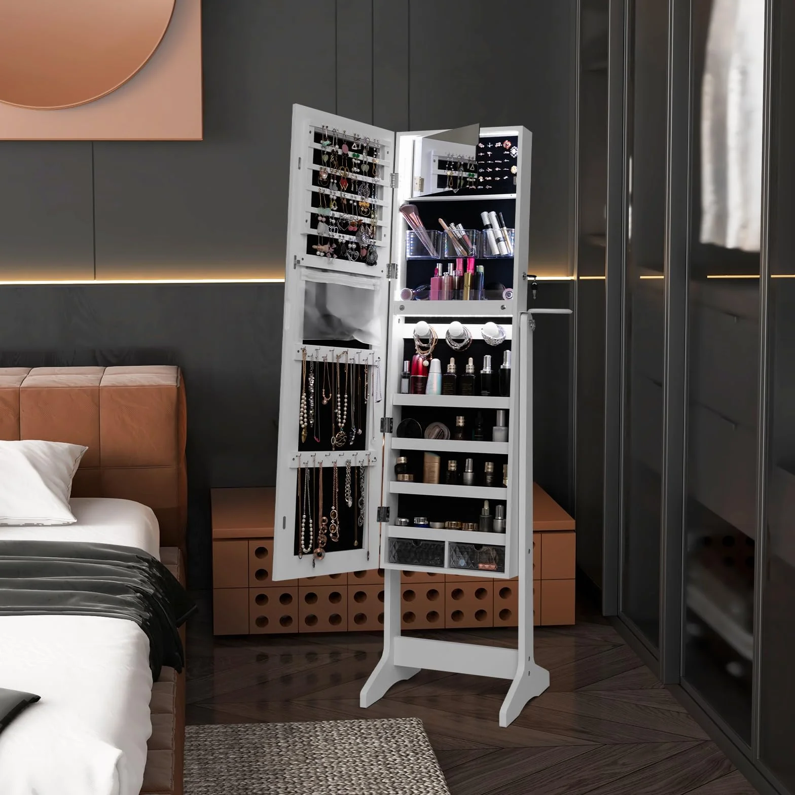 COSTWAY Armoire à Bijoux sur Pied avec Miroir Pleine Longueur, LED 3 Couleurs, Verrouillable, Blanc