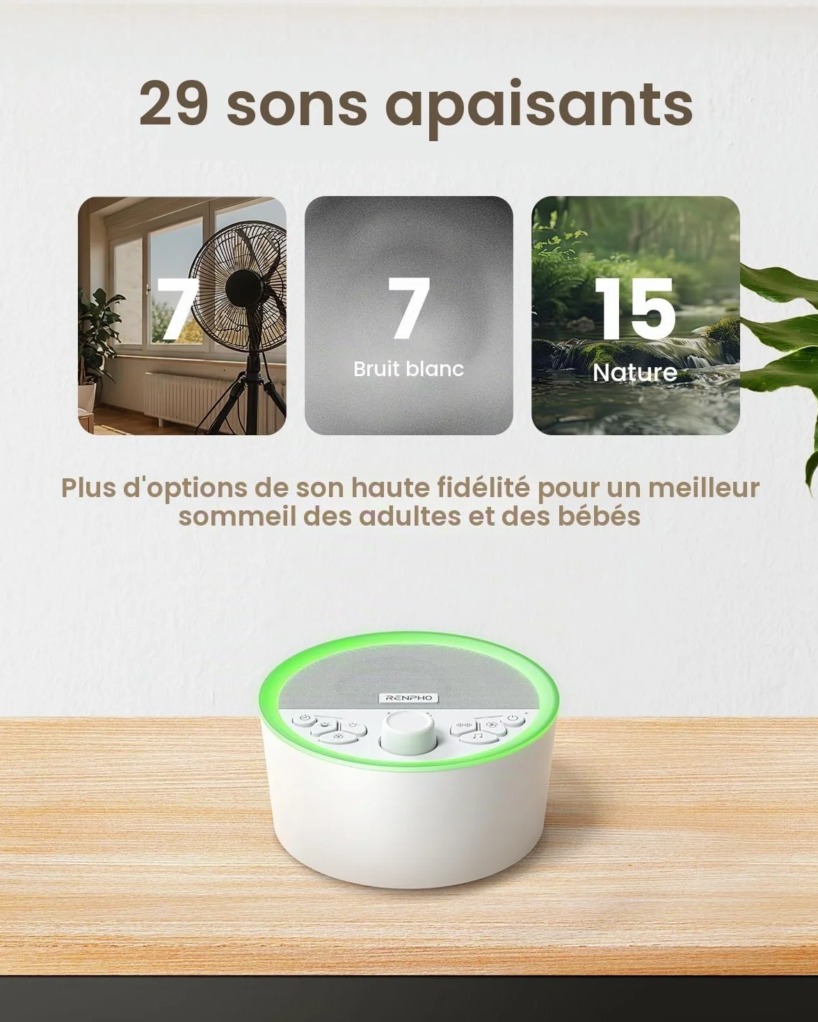 RENPHO Machine à bruit blanc, Appareil de sommeil portable avec 29 sons, minuterie réglable