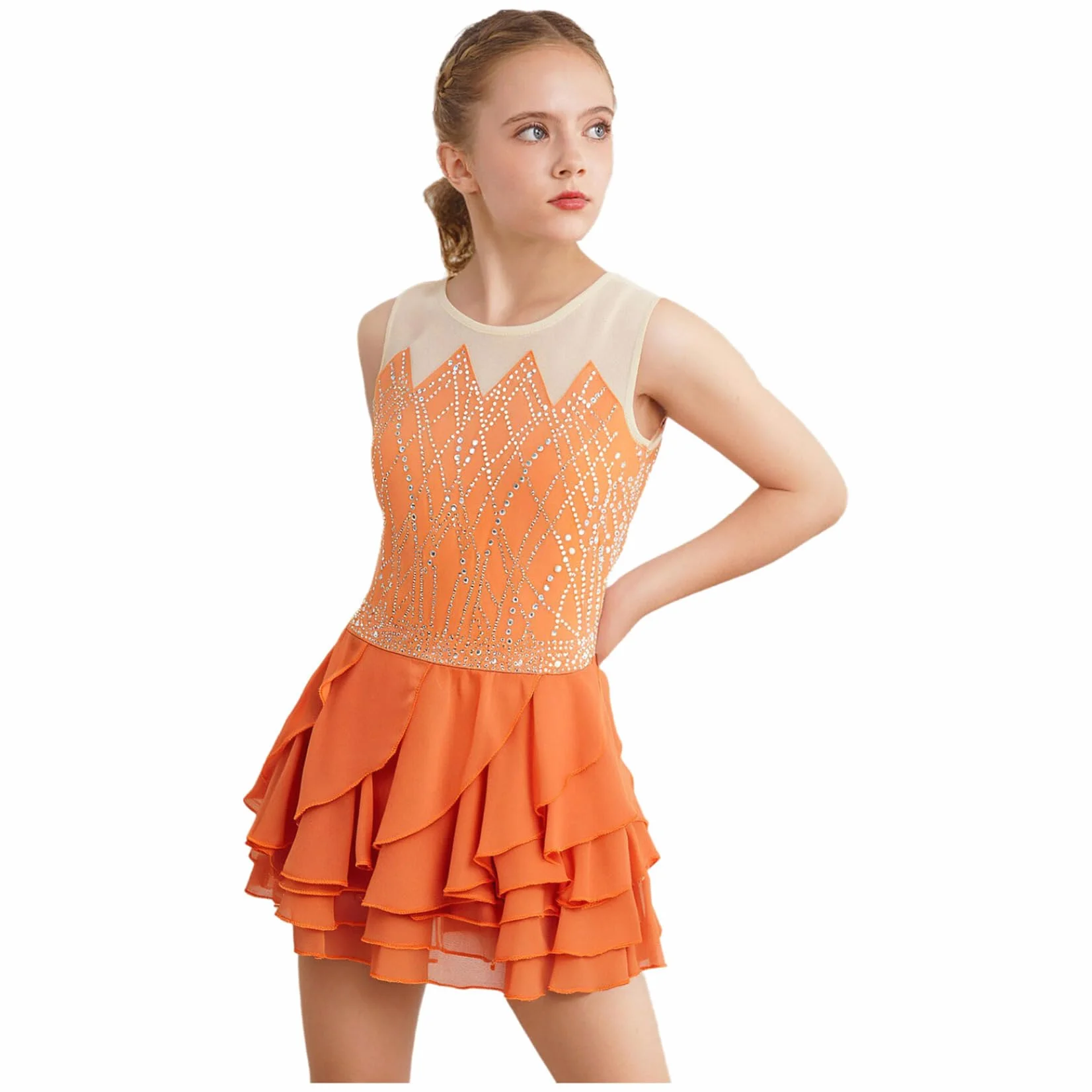 Robe Patinage Artistique Fille Justaucorps Strass sans Manches Gymnastique Danse