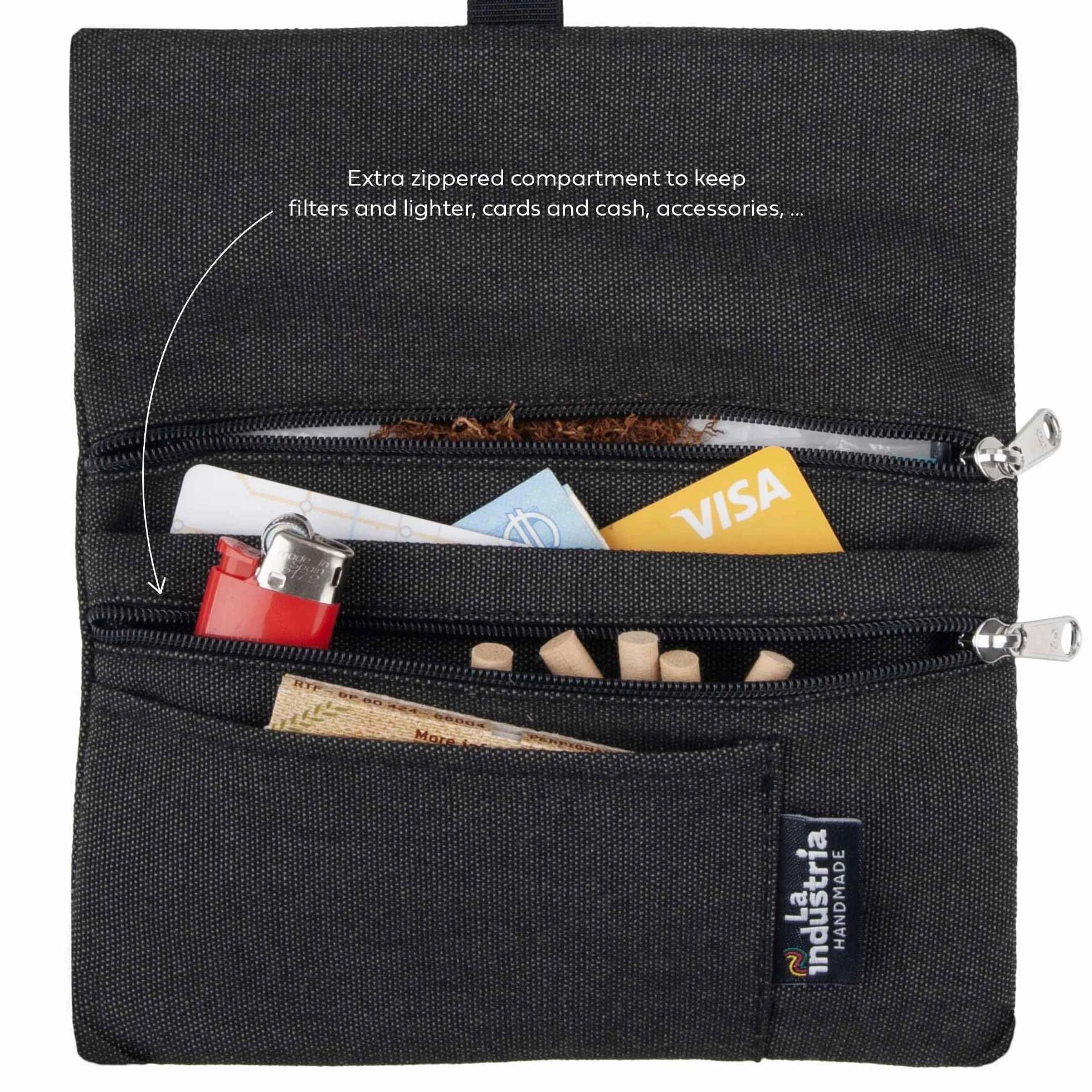 Pochette à tabac hydrofuge 30/50 g avec compartiments Noir