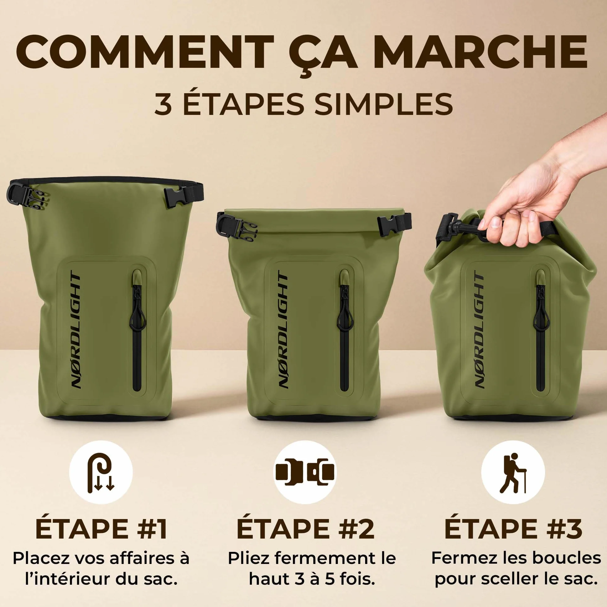 Nordlight Sac Étanche 20 L Vert Olive - Sac à Dos Nautique Impermeable avec Pochette Téléphone