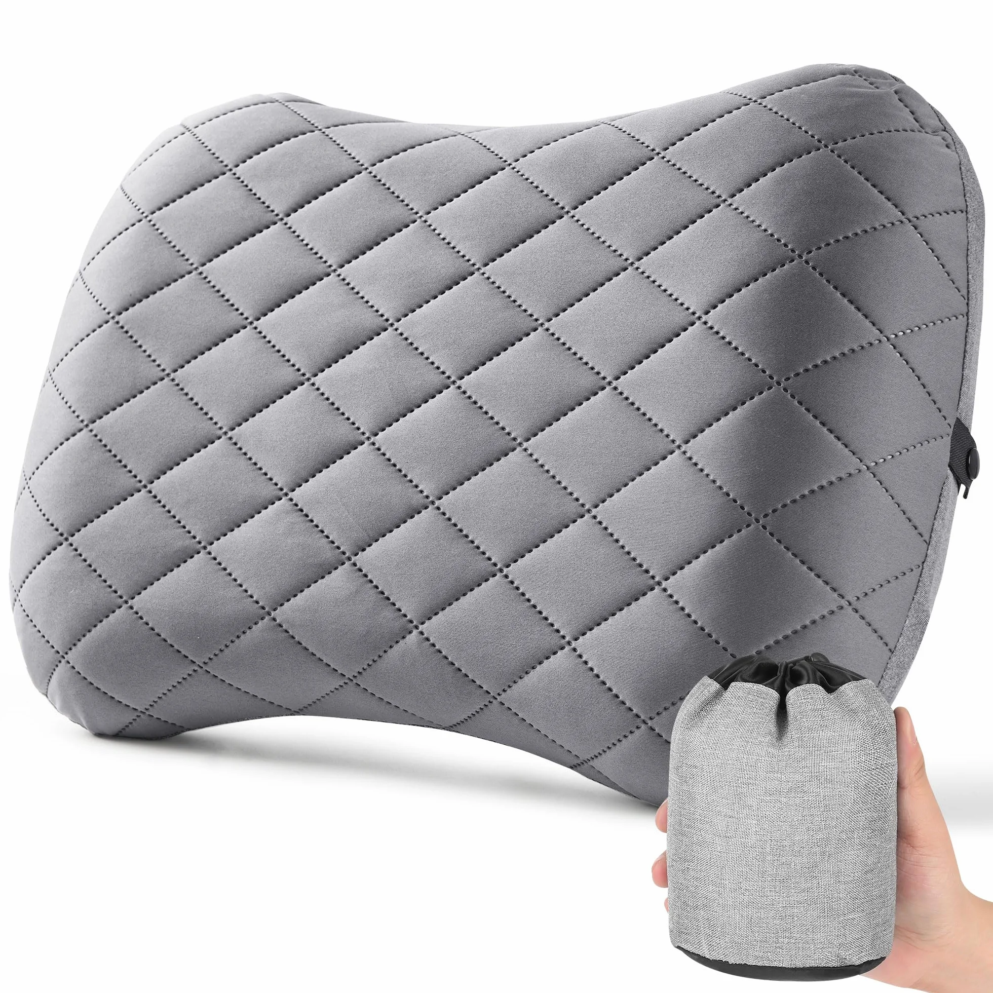 Oreiller Gonflable de Voyage Camping Ultra-léger Compact avec Sac de Transport Gris