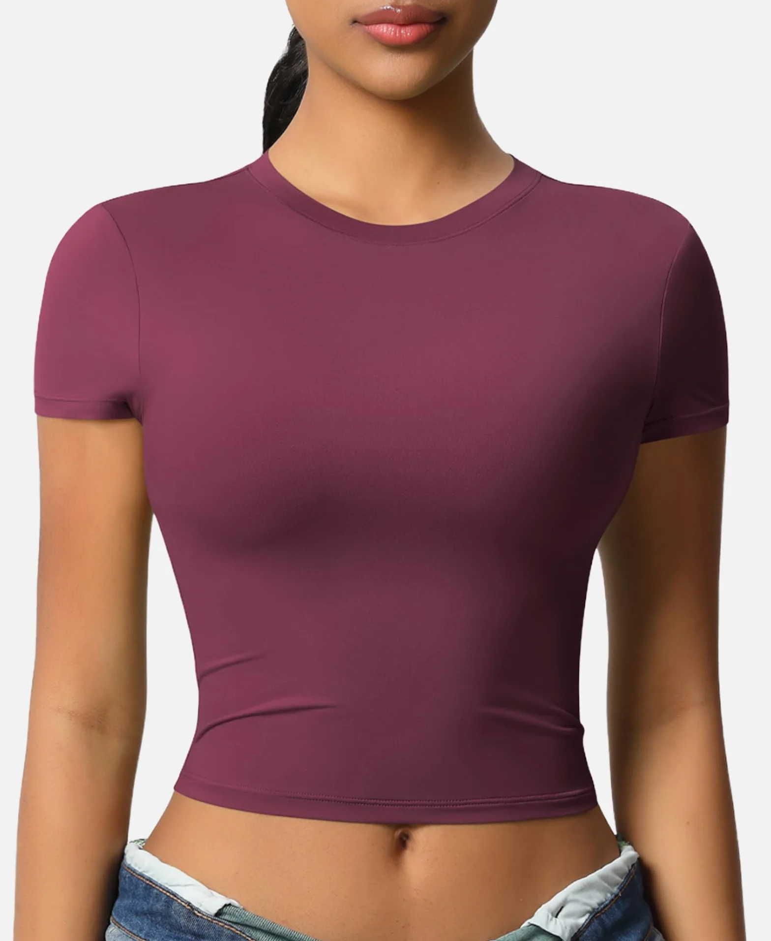 T-Shirt de Sport Femmes Manches Courtes Respirante Chemise Compression Running Crop Top