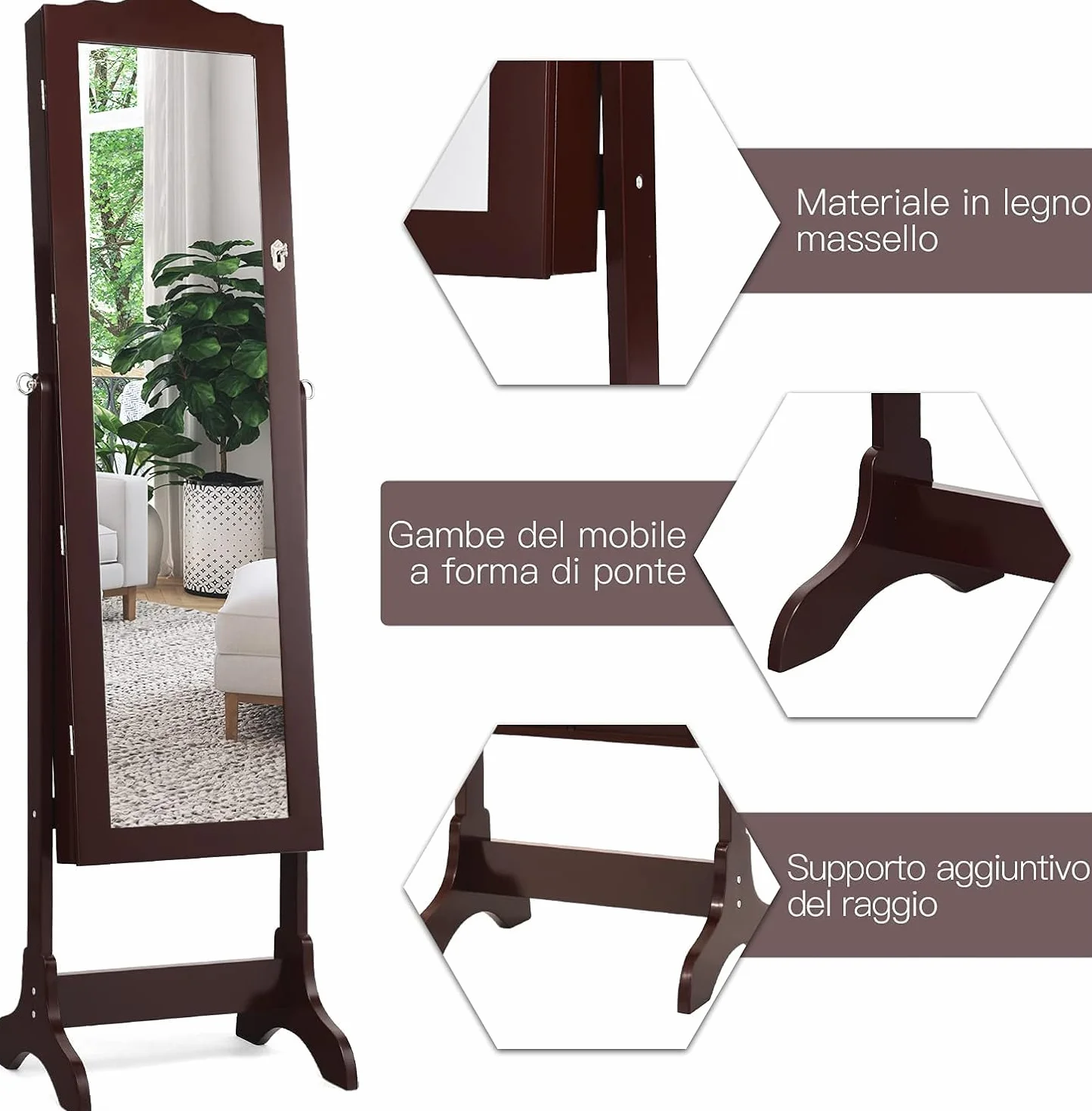 GOPLUS Armoire à Bijoux avec Miroir, 2 en 1, 14 Lumières LED, 6 Étagères, Meuble Bijoux Verrouillable en Bois, Brun