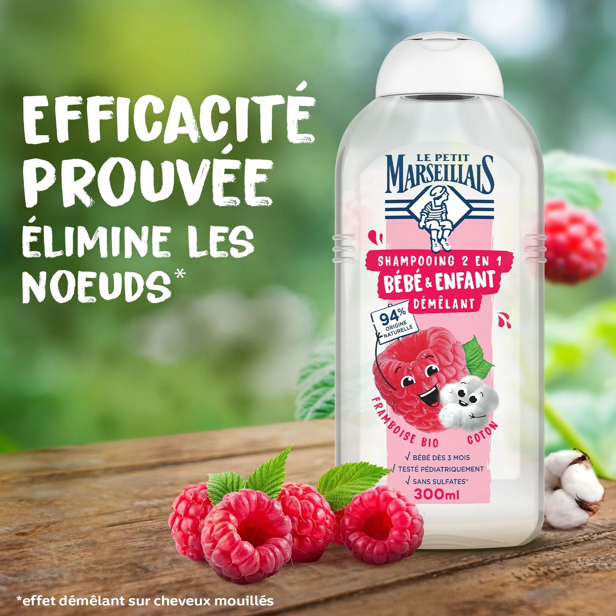 Le Petit Marseillais Shampooing 2 en 1 Bébé & Enfant Démêlant Framboise Bio & Coton 300 ml