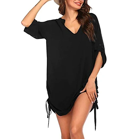 Cache-maillot de plage pour femme avec col en V et imprimé papillon, Noir , M