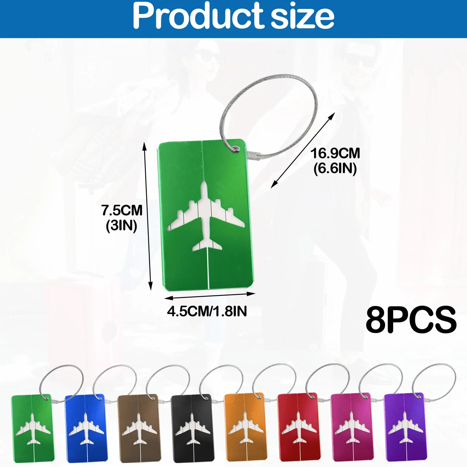 Etiquette Bagage Valise Aluminium Avion avec Carte Inox et PVC étanche Cordon Inox pour Sac à dos Voyage